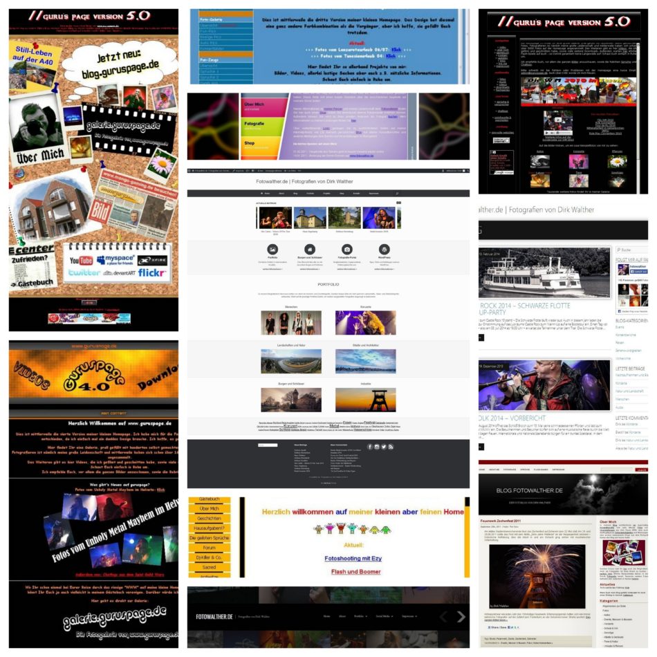 Collage mit diversen Designs meiner Webseite (aktuelles Design in der Mitte)